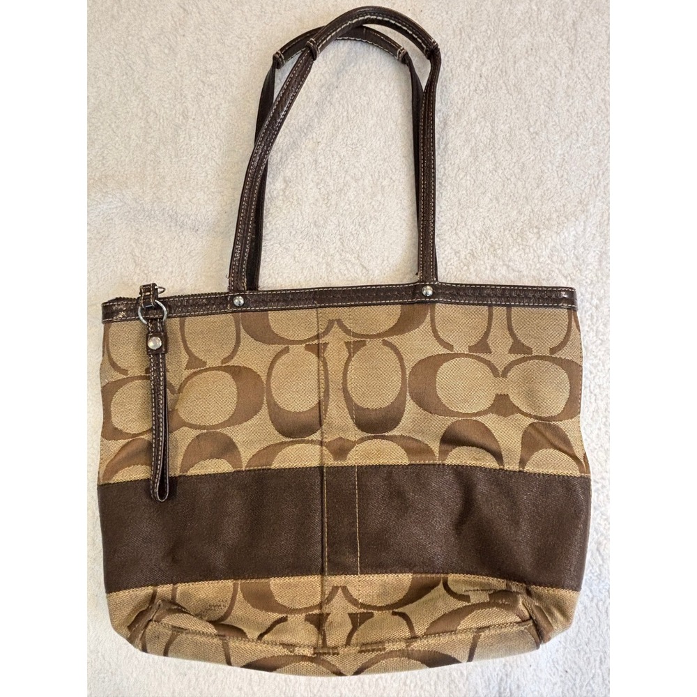 Coach‎ Signature Stripe Tote Bag Khaki Mahogany Brown Canvas Leather Trim 10125